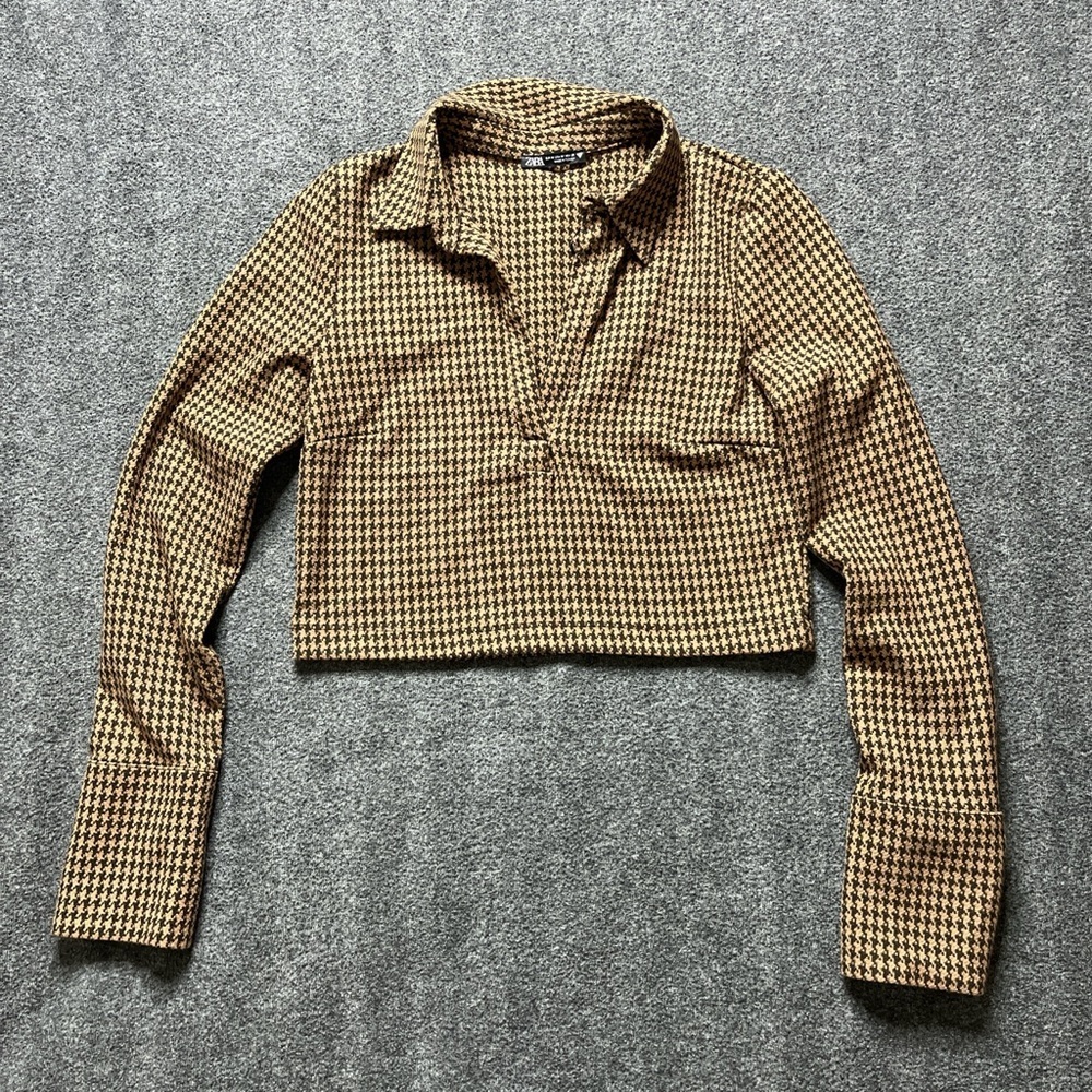 Zara Brown checkered houndstooth long sleeve shirt cropped top Wmone's M